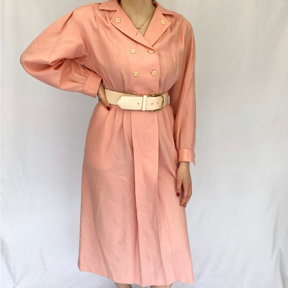 Vintage 70s Pink Wool Edie Johne Double Breasted Button Front Belted Dress